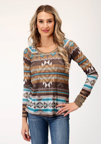 Roper Womens Aztec Raglan Sleeves Brown Polyester L/S T-Shirt