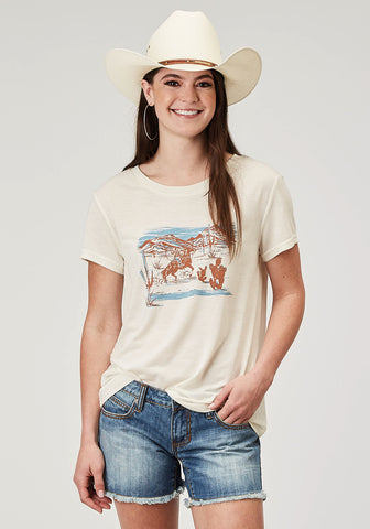 Roper Womens Cowboy Scene Cream Poly/Cotton S/S T-Shirt