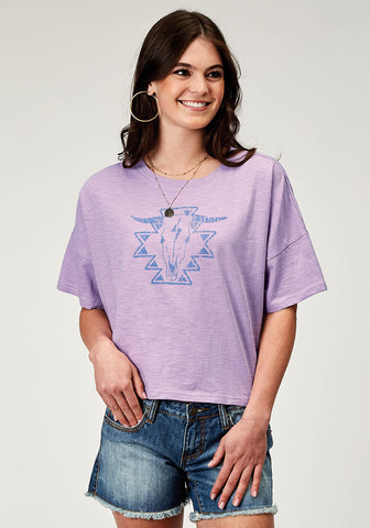 Roper Womens Southwest Longhorn Lilac 100% Cotton S/S T-Shirt