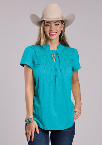 Roper Womens Victorian Style Peasant Top Turquoise 100% Cotton S/S Blouse