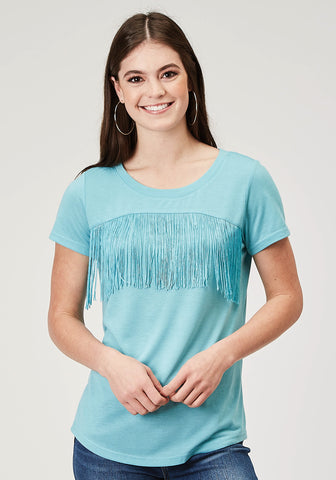 Roper Womens Matching Fringe Light Blue Poly/Cotton S/S T-Shirt