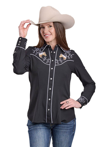Roper Womens Horse Heads Black Poly/Spandex L/S Shirt