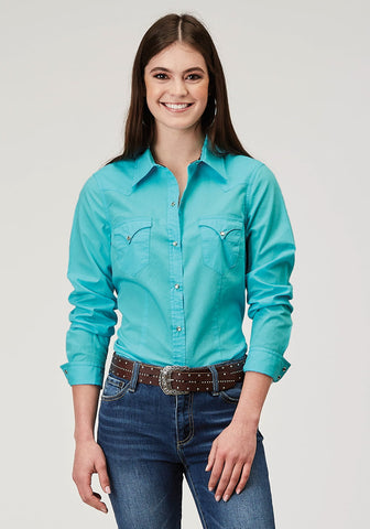 Roper Womens 1916 Solid Poplin Turquoise 100% Cotton L/S Shirt L