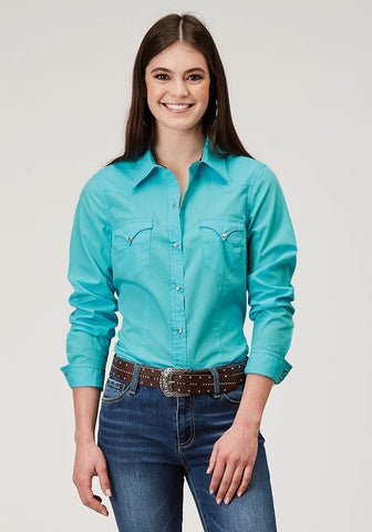 Roper Womens 1916 Solid Poplin Turquoise 100% Cotton L/S Shirt