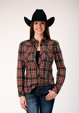 Roper Womens Arrow Dobby Plaid Brown 100% Cotton L/S Shirt