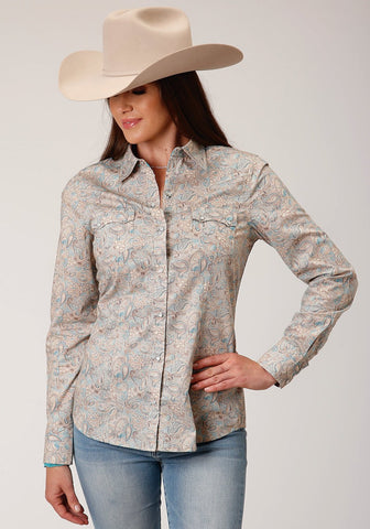 Roper Womens Dot Paisley Print Brown 100% Cotton L/S Shirt