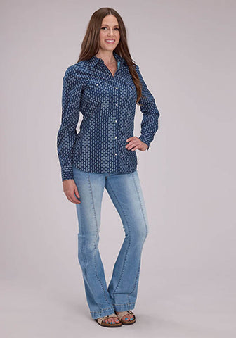 Roper Womens Drybrush Diamonds Blue 100% Cotton L/S Shirt