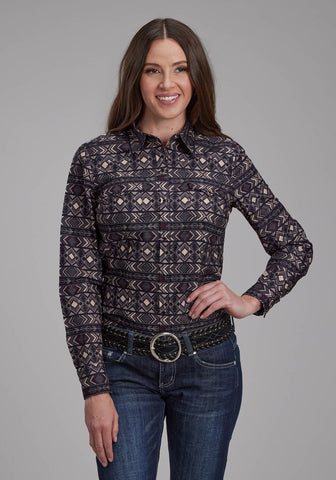 Roper Womens Pop Color Aztec Grey 100% Cotton L/S Shirt
