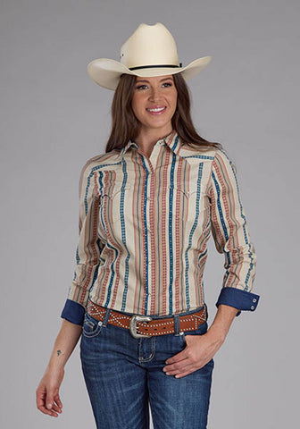 Roper Womens Southwest Vertical Stripe Tan/Blue 100% Cotton L/S Shirt