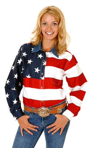 Roper Womens Pieced Stars and Stripes Red/Blue 100% Cotton Btn L/S Shirt