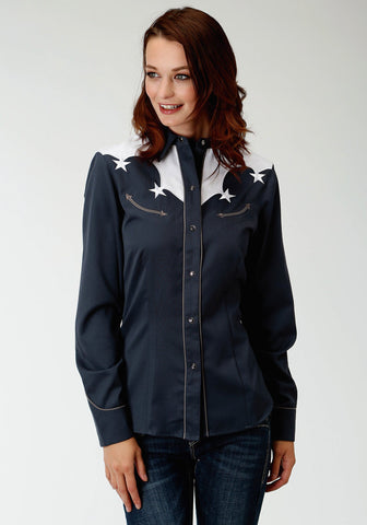 Roper Womens Blue Poly/Rayon Yokes & Stars L/S Shirt