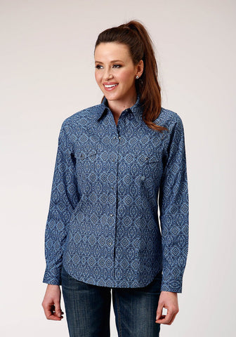 Roper Womens Medallion Paisley Blue 100% Cotton L/S Shirt