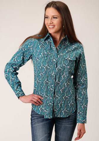 Roper Womens Turquoise 100% Cotton Upstream Paisley L/S Shirt L