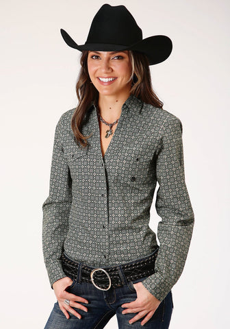 Roper Womens Green 100% Cotton Forest Foulard L/S Snap Shirt S