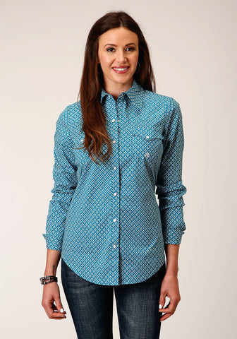 Roper Womens Diamond Print Turquoise Cotton Blend L/S Shirt L
