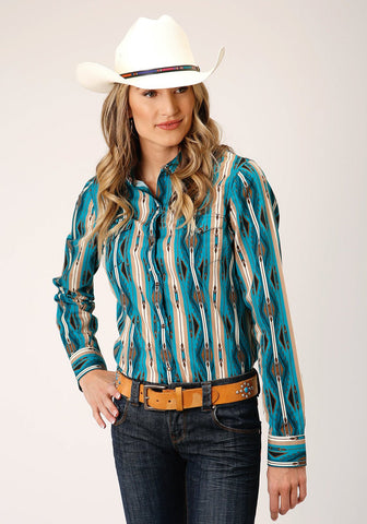 Roper Womens Aztec Stripe Green 100% Cotton L/S Shirt