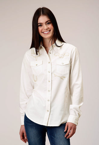 Roper Womens Western Corduroy Cream 100% Cotton L/S Shirt
