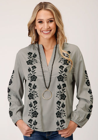 Roper Womens Grey Polyester V-Neck Placket L/S Blouse