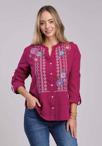 Roper Womens Colorful Embroidery Raspberry 100% Polyester L/S Blouse