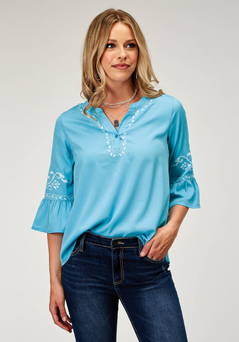 Roper Womens Bell Sleeve Embroidery Blue 100% Polyester S/S Blouse