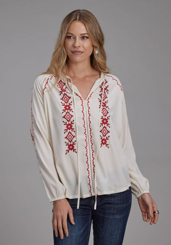 Roper Womens Red Geometric Self Tie Cream 100% Polyester L/S Blouse