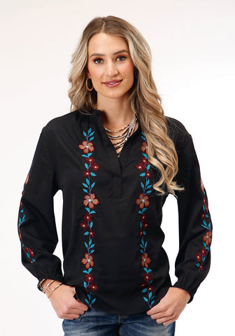 Roper Womens Split-V Floral Black Polyester L/S Blouse