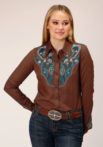 Roper Womens Paisley Yokes Brown 100% Rayon L/S Shirt