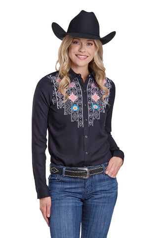 Roper Womens Floral Aztec Embroidery Black 100% Rayon L/S Shirt