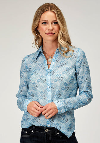 Roper Womens 1978 Ikat Chevron Blue 100% Polyester L/S Shirt