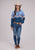 Roper Womens Barrel Racer Border Blue 100% Rayon L/S Blouse