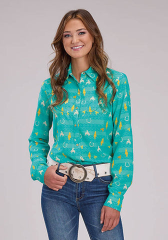 Roper Womens Vintage Aztec Print Turquoise 100% Rayon L/S Blouse