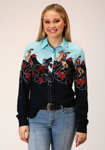 Roper Womens Cowgirl Border Black 100% Rayon L/S Shirt