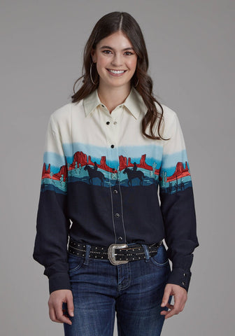 Roper Womens Western Border Snap Black 100% Rayon L/S Blouse