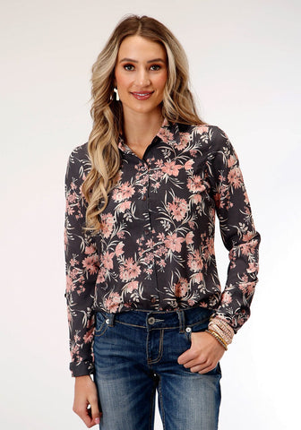 Roper Womens Coral Floral Grey Rayon/Nylon L/S Blouse