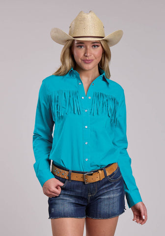 Roper Womens Western Fringe Snap Turquoise 100% Cotton L/S Blouse
