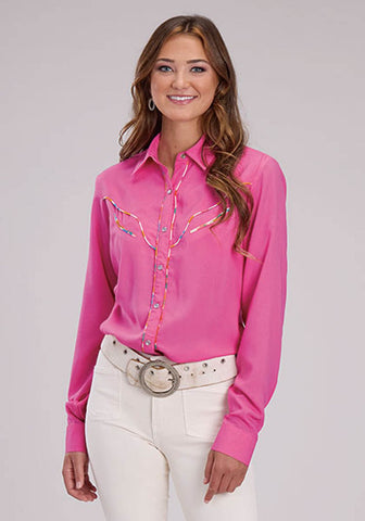 Roper Womens Multi-Color Piping Pink 100% Rayon L/S Blouse