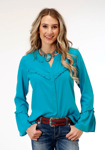 Roper Womens Dark Turquoise Ruffle Blue Polyester L/S Blouse