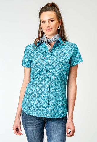 Roper Womens Lake Medallion Blue 100% Cotton S/S Shirt