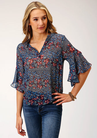 Roper Womens 1518 Ditzy Floral Blue 100% Polyester S/S Blouse