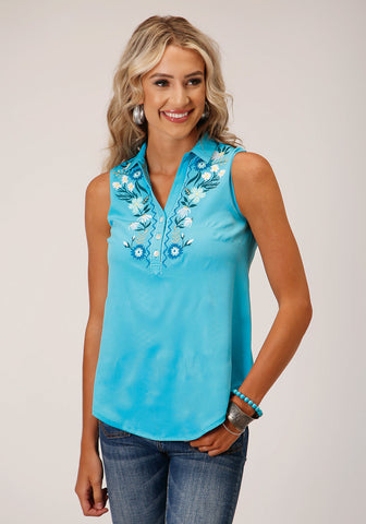Roper Womens Colorful Embroidery Turquoise 100% Polyester S/L Shirt