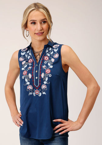 Roper Womens Floral embroidery Navy 100% Polyester S/L Blouse