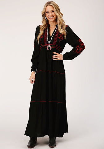Roper Womens Crinkle Peasant Black 100% Rayon L/S Dress L