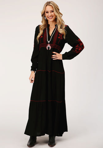 Roper Womens Crinkle Peasant Black 100% Rayon L/S Dress