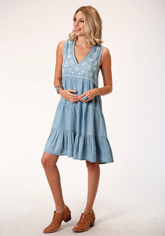 Roper Womens Blue 100% Cotton Three-Tiered S/L Dress XS