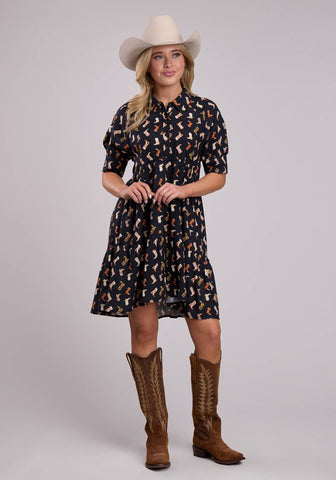 Roper Womens Boot Printed Black 100% Rayon S/S Dress