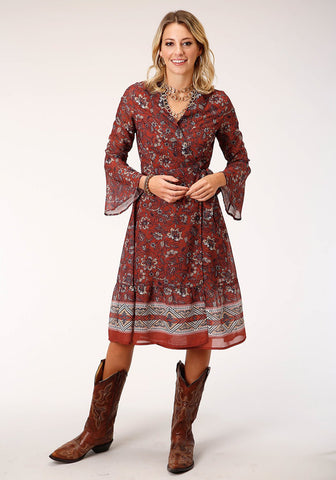 Roper Womens Floral Border Rust 100% Polyester L/S Dress L