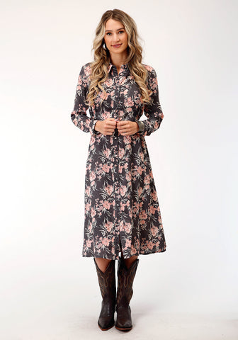 Roper Womens Coral Floral Grey Rayon/Nylon L/S Dress S
