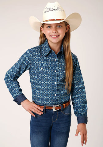 Roper Kids Girls Mini Aztec Blue 100% Cotton L/S Shirt