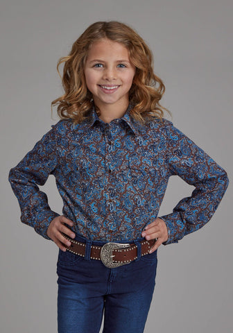 Roper Kids Girls 2172 River Paisley Brown 100% Cotton L/S Shirt