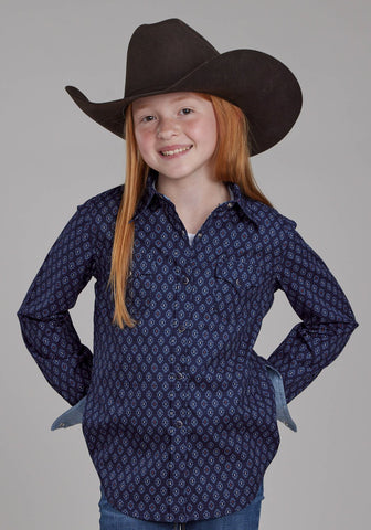 Roper Kids Girls 2177 Aztecs Blue 100% Cotton L/S Shirt